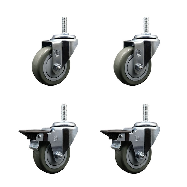 Service Caster 35 Inch Gray Polyurethane Wheel Swivel 58 Inch Threaded Stem Caster Set 2 Brakes SCC SCC-TS20S3514-PPUB-58212-2-PLB-2 - main